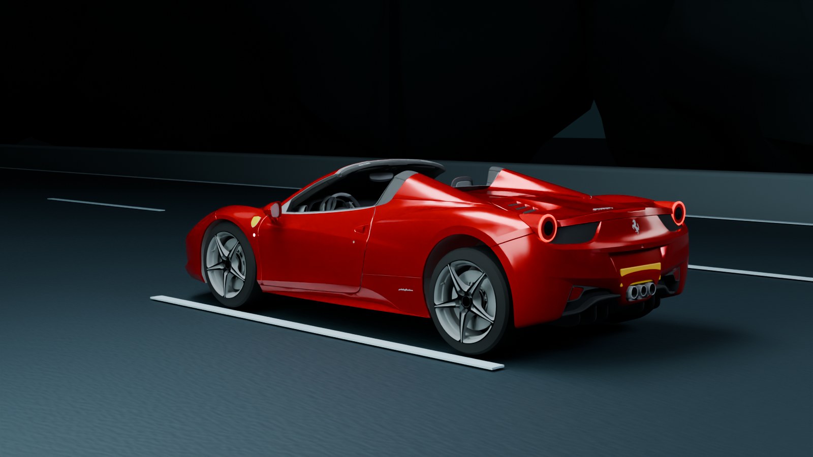 A red Ferrari and camera car on a road after dark