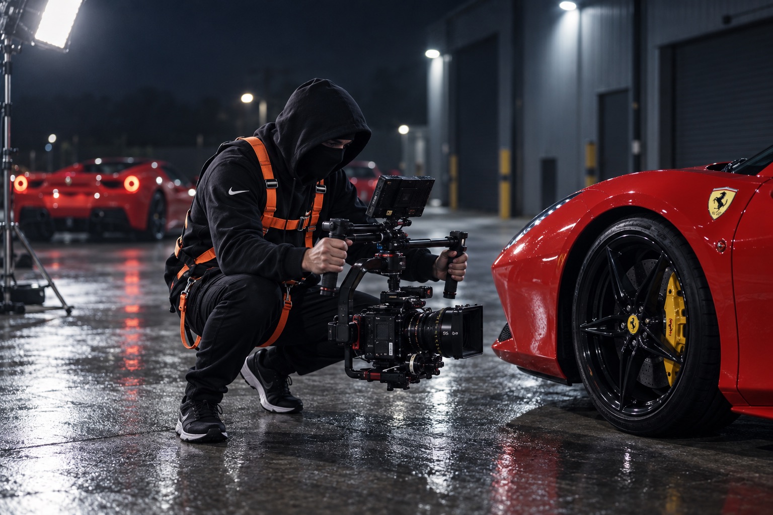 Wavey in his orange harness films a red Ferrari 488 with a low cinema gimbal.